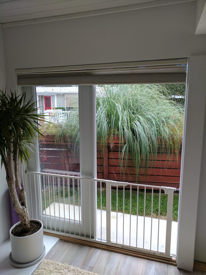 Sliding door with baby gate and plants.