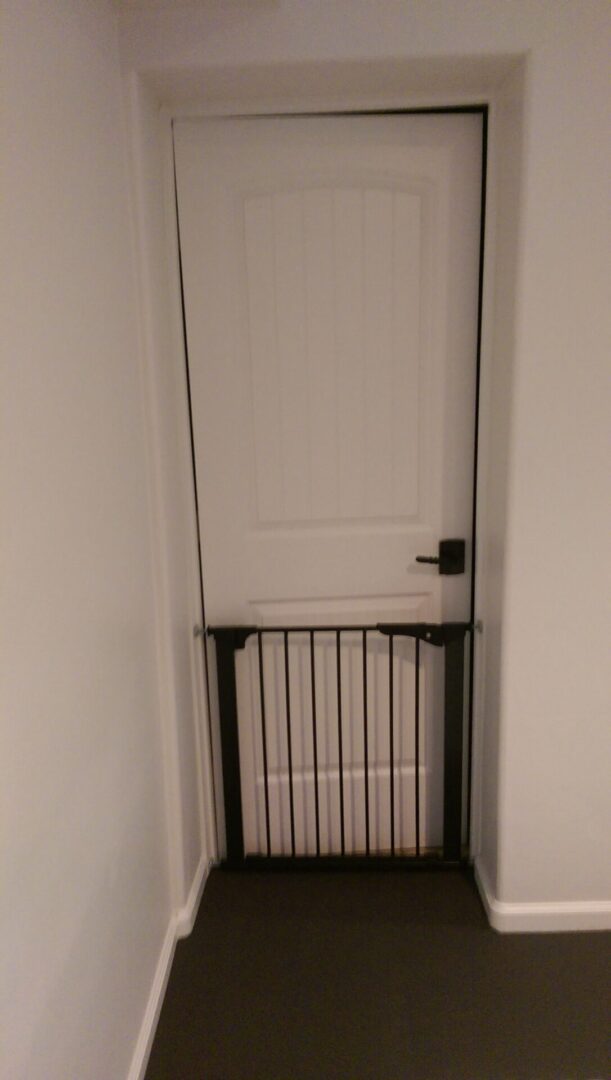 Door with a black baby safety gate.